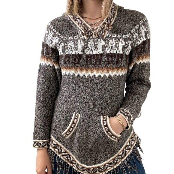 Vintage Womens Incas Andes Brown Alpaca Peruvian Soft Hoodie Fringe Sweater Sz M - Picture 1 of 6
